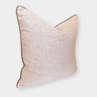 norsu Studio Cushion Lexus Rosewater with blush leather piping in neutral fabric, handmade Melbourne design, soft feather down filling