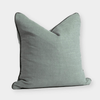 norsu cushion in seaglass fabric with olive leather piping, handmade decorative pillow