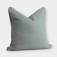 norsu cushion in seaglass fabric with olive leather piping, handmade decorative pillow