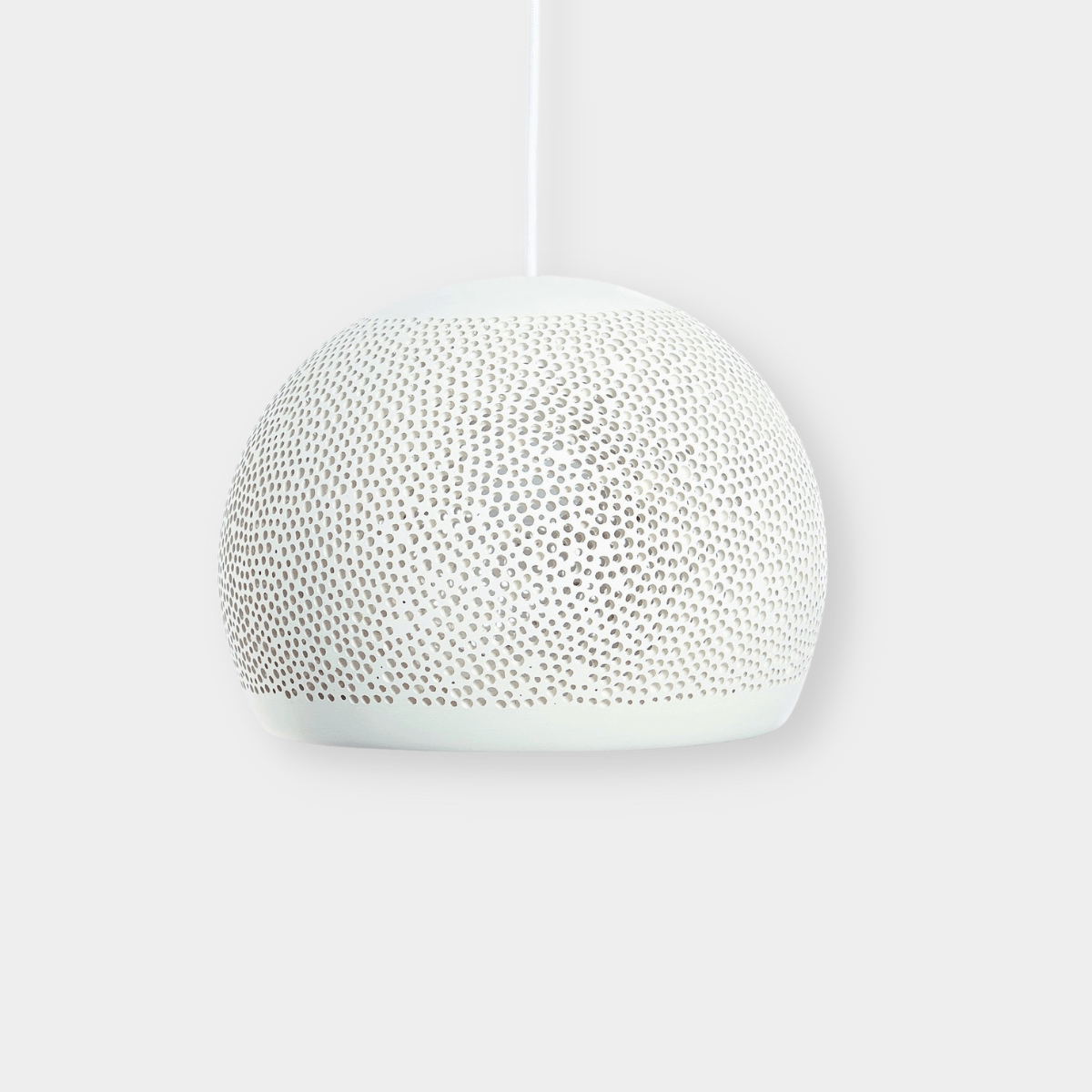 White POTT Lighting SpongeUp Pendant with spongy textured surface and matte finish, handmade in Southern Spain.