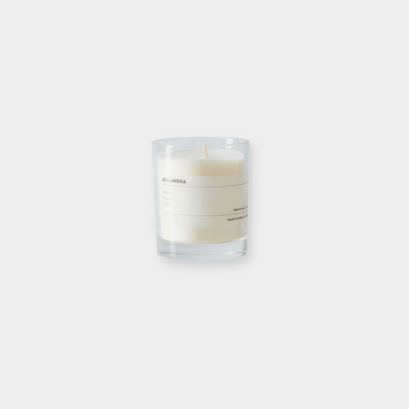 Grace and James Alhambra scented soy wax candle with black fig, guava, and amber fragrance, single wick, 40-hour burn time