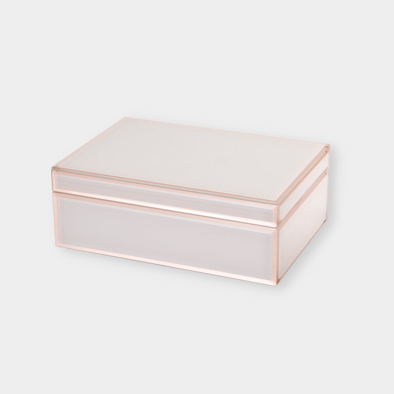 Large blush glass Sara Jewellery Box with bevelled edges and grey velvet lining for organized storage.