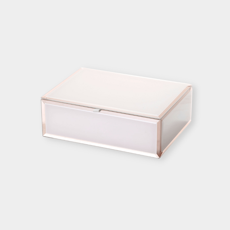 Sara Jewellery Box medium blush pink glass with beveled edges and gray velvet lining.