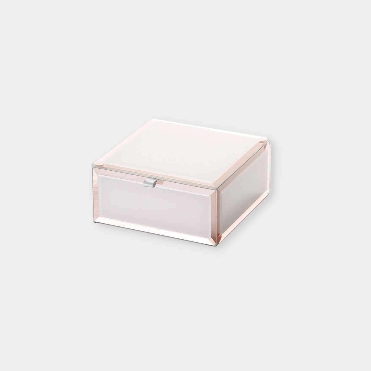 Sara Jewellery Box blush small bevelled glass with grey velvet lining and ribbon tab