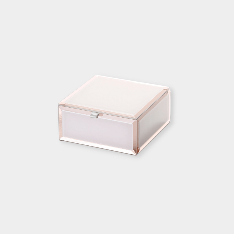 Sara Jewellery Box blush small bevelled glass with grey velvet lining and ribbon tab