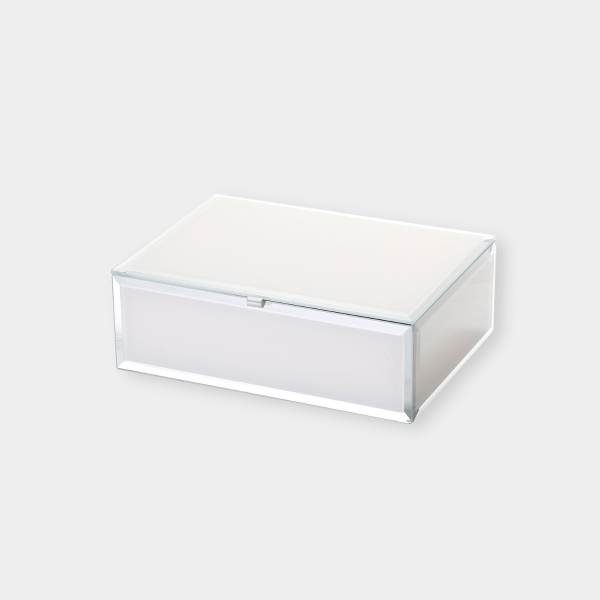 Sara Jewellery Box medium nude bevelled glass with grey velvet lining and ribbon tab