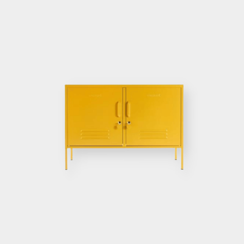 Yellow Mustard Made Locker The Lowdown with double doors, handles, locks, and air vents for console or office storage