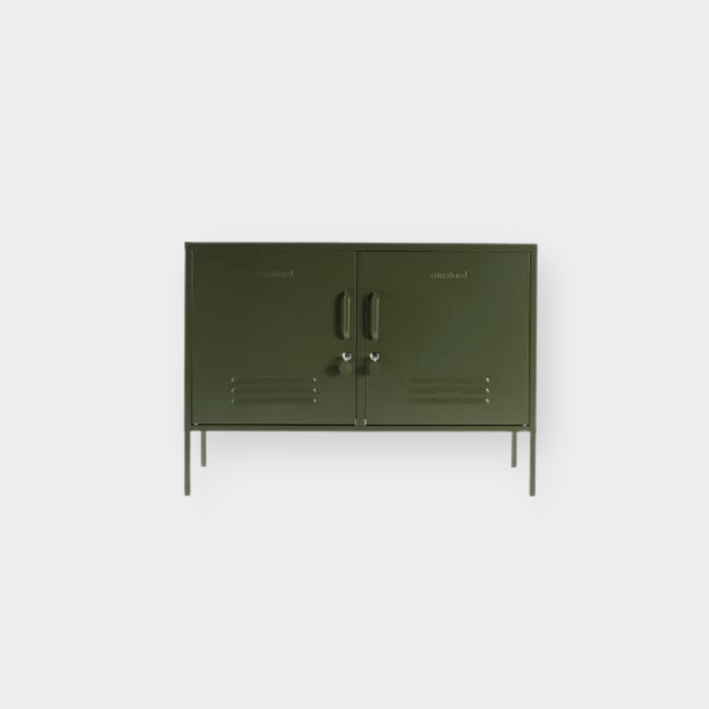 Mustard Made Locker The Lowdown olive green metal storage cabinet with handles and locks