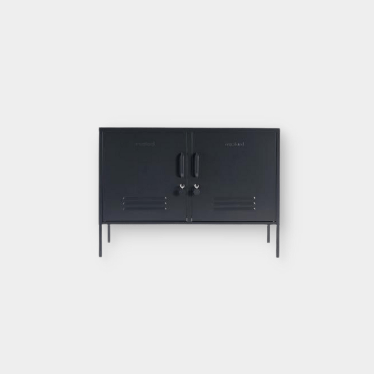 Mustard Made Locker The Lowdown Slate black metal storage cabinet with handles and locks on white background