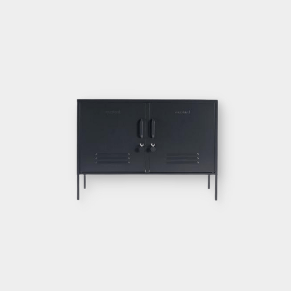 Mustard Made Locker The Lowdown Slate black metal storage cabinet with handles and locks on white background