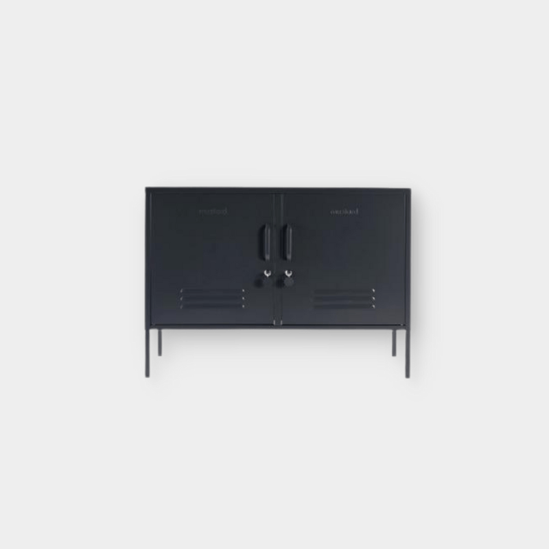 Mustard Made Locker The Lowdown Slate black metal storage cabinet with handles and locks on white background