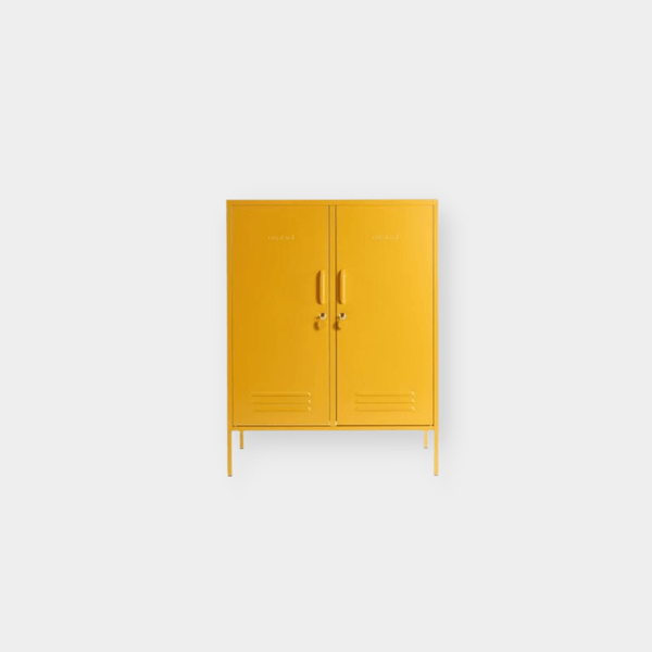 Mustard Made Locker in bright mustard yellow with double doors, handles, and locks for versatile storage.