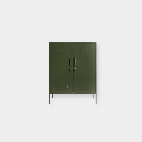 Green Mustard Made Locker The Midi Olive with two doors, handles, locks, and air vents for versatile storage.