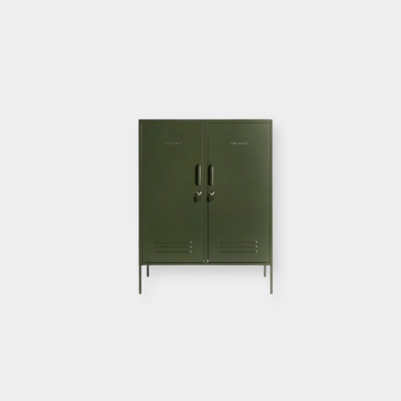 Green Mustard Made Locker The Midi Olive with two doors, handles, locks, and air vents for versatile storage.