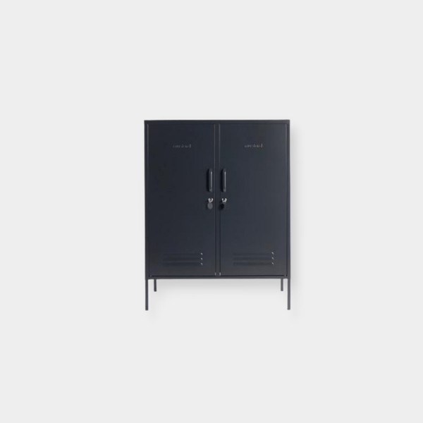 Mustard Made Locker The Midi Slate in dark grey with two doors, handles, locks, and air vents for storage and organization.