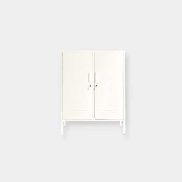 Mustard Made Locker The Midi in soft chalk color with double doors, handles, locks, and adjustable shelves for versatile storage.