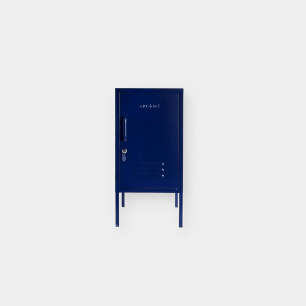 Navy Mustard Made Locker The Shorty with lock, handle, air vents, and adjustable shelves.
