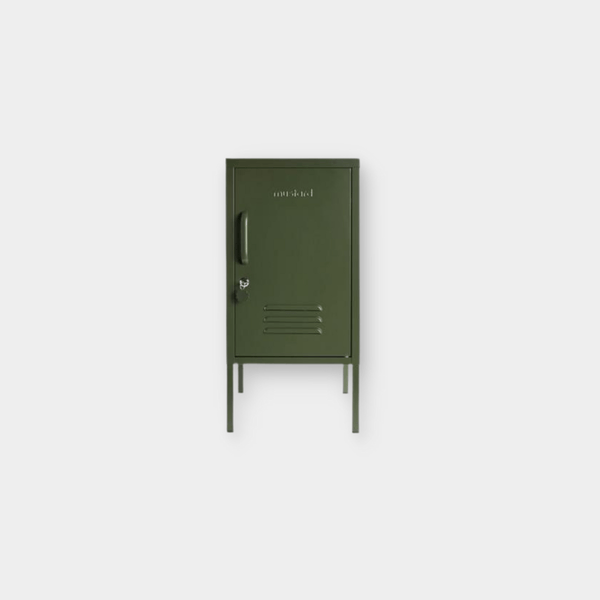 Mustard Made Locker The Shorty Olive compact metal locker with handle, lock, air vents, and adjustable shelves