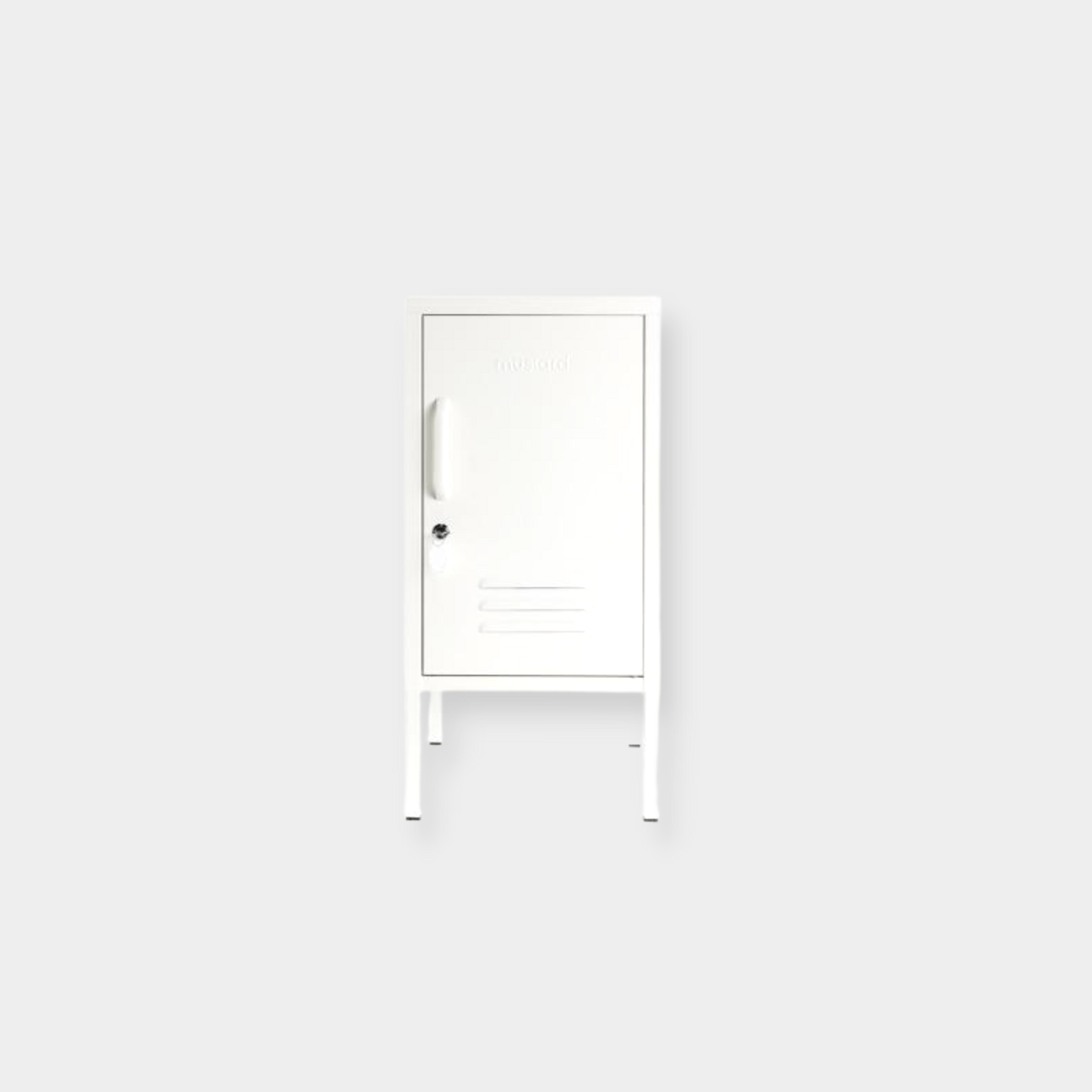 Compact Mustard Made Locker in Chalk color with lock, handle, air vents, and adjustable interior shelves.