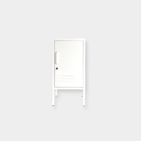 Compact Mustard Made Locker in Chalk color with lock, handle, air vents, and adjustable interior shelves.