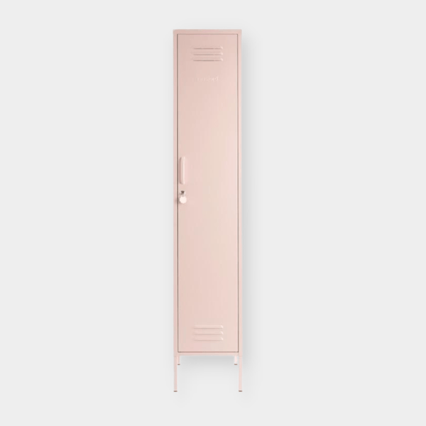 Skinny blush pink Mustard Made locker with handle, lock, and ventilation vents.