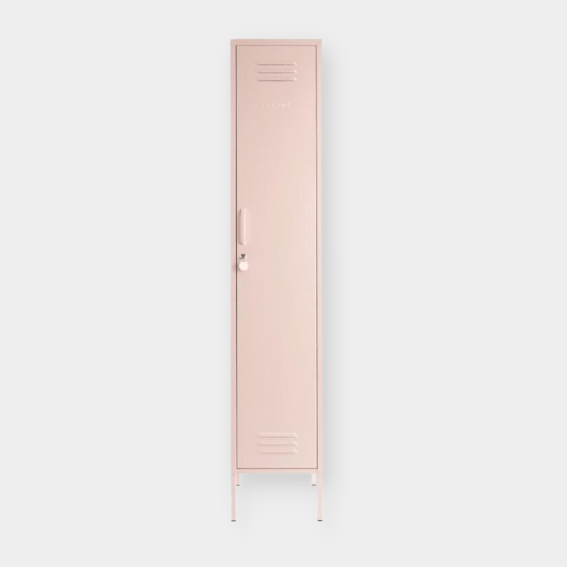 Skinny blush pink Mustard Made locker with handle, lock, and ventilation vents.