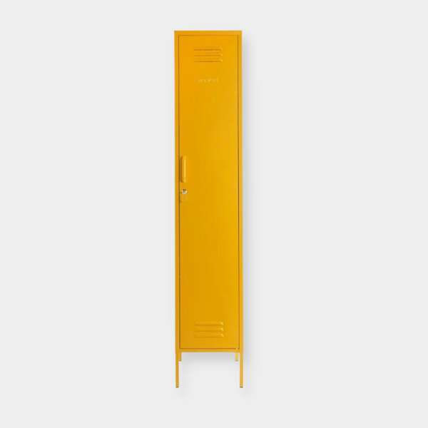 Tall slim yellow Mustard Made Locker with handle, lock, ventilation slots, and minimalist design.