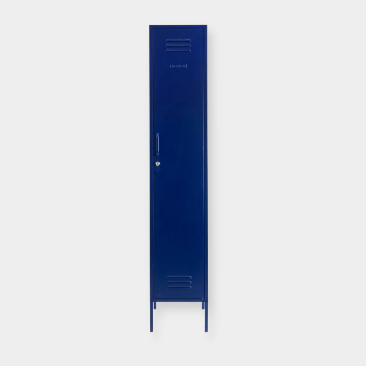 Slim navy blue Mustard Made Locker with lock, air vents, and handle for neat storage