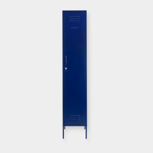 Slim navy blue Mustard Made Locker with lock, air vents, and handle for neat storage