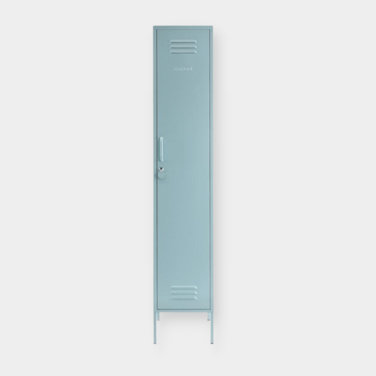 Tall slim blue Mustard Made Locker with vents, handle, and lock in a minimalist style