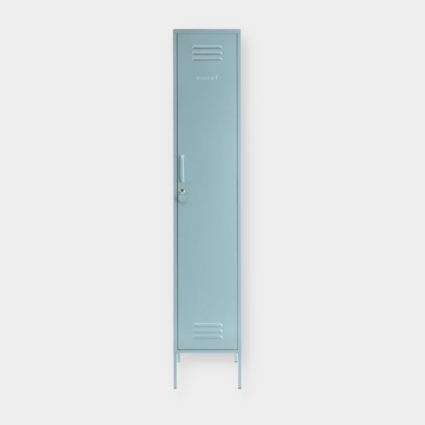 Tall slim blue Mustard Made Locker with vents, handle, and lock in a minimalist style