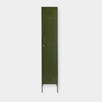 Tall skinny olive green metal locker by Mustard Made with handle, lock, and ventilation vents