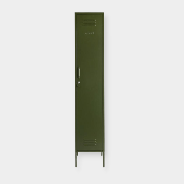 Tall skinny olive green metal locker by Mustard Made with handle, lock, and ventilation vents
