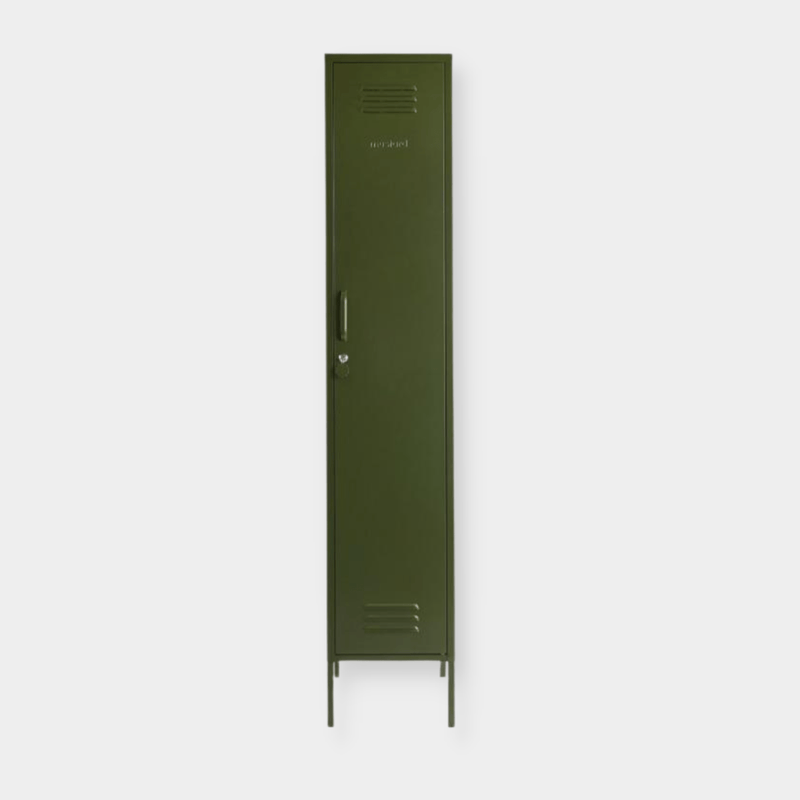 Tall skinny olive green metal locker by Mustard Made with handle, lock, and ventilation vents