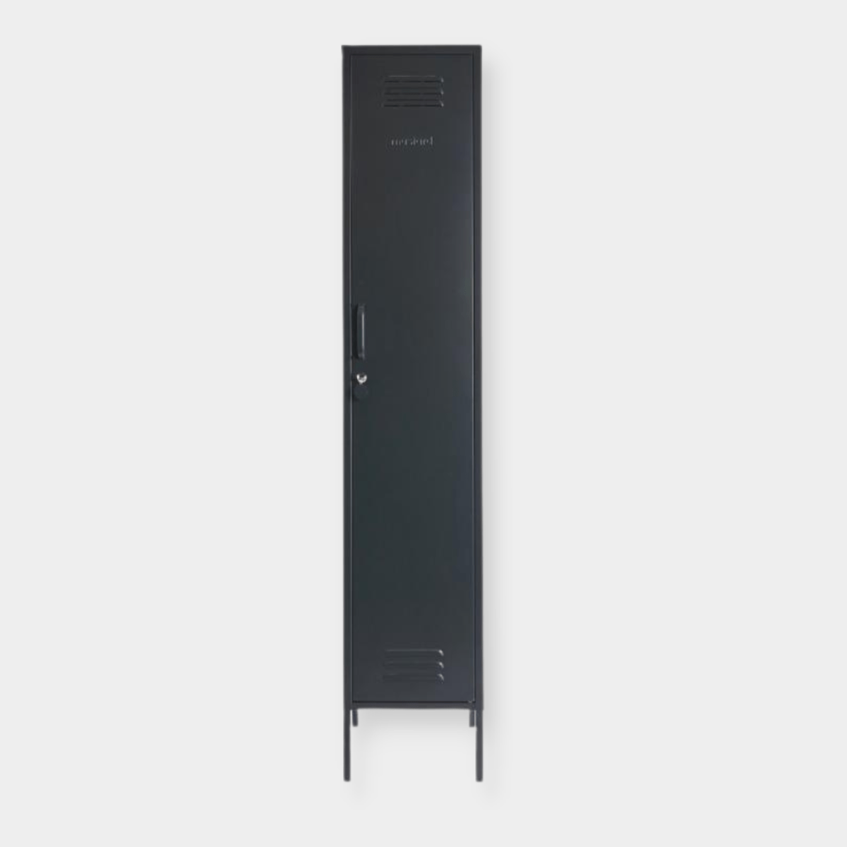 Mustard Made Locker The Skinny Slate tall black metal storage locker with lock and vents