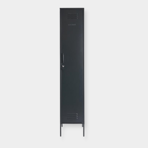 Mustard Made Locker The Skinny Slate tall black metal storage locker with lock and vents