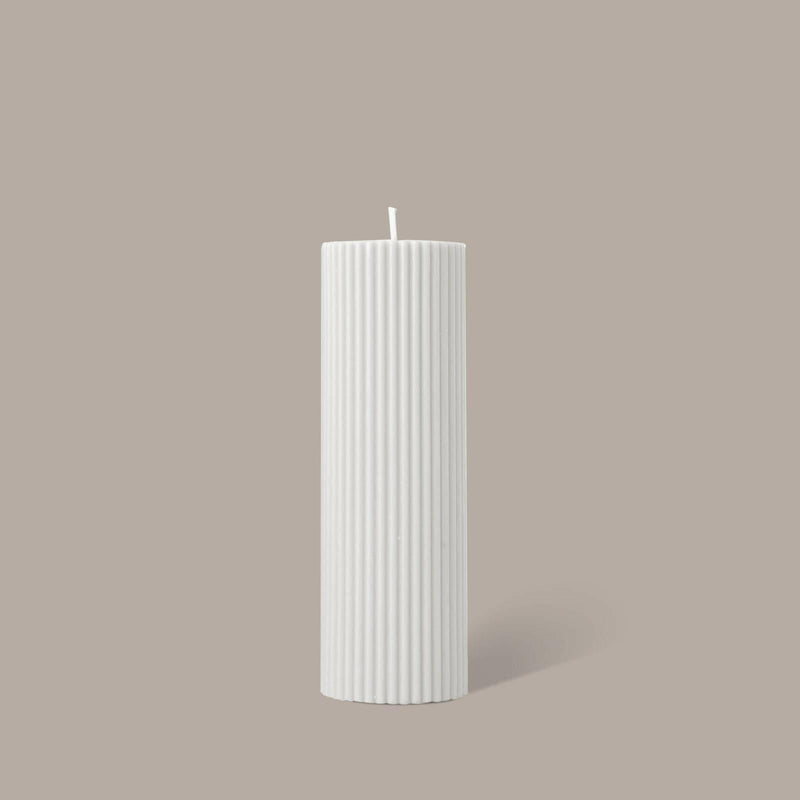 White cream Black Blaze Wide Candle made from plant-based wax with a ribbed column pillar design, unscented and handmade in Sydney.