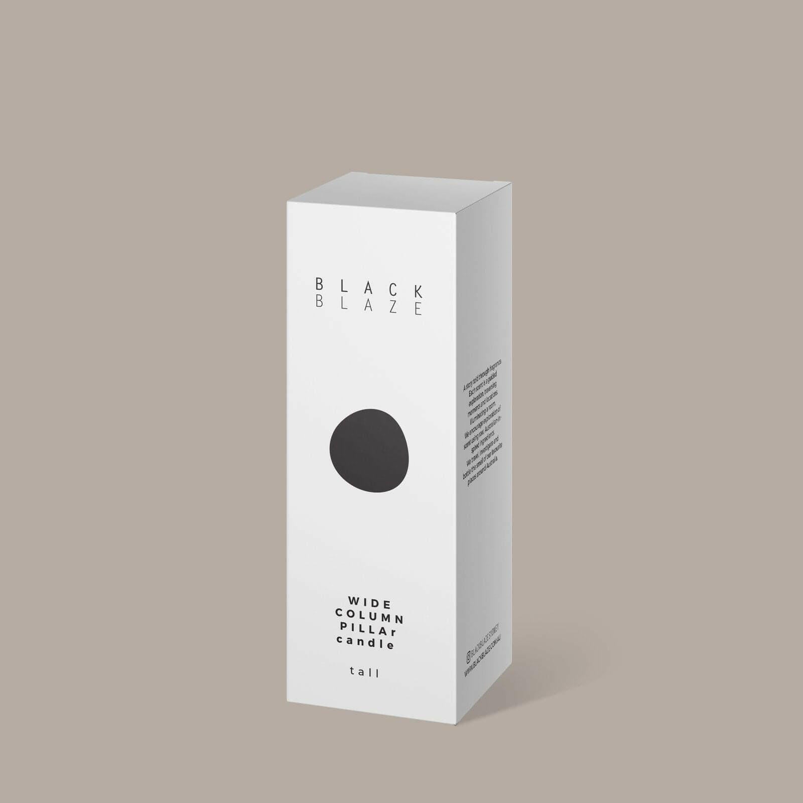Black Blaze Wide Candle white cream pillar candle in minimalist packaging